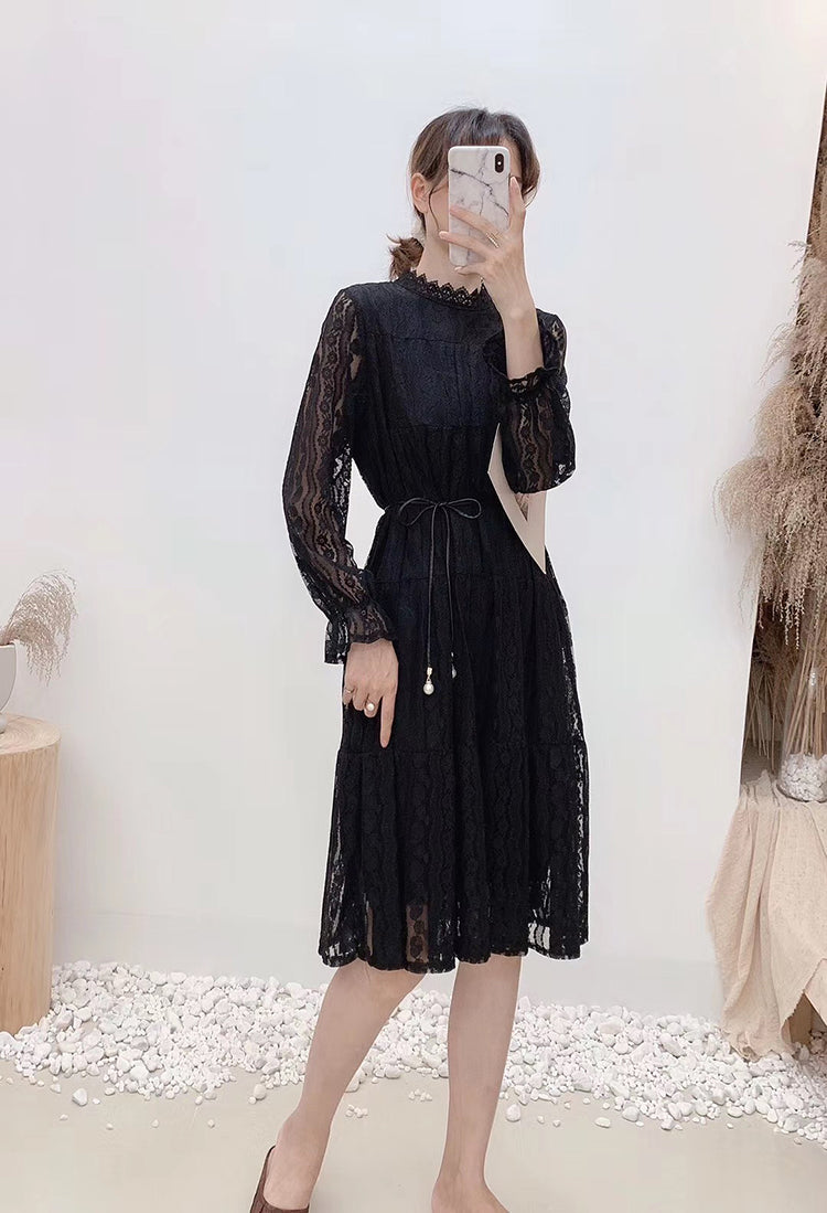 Robe de fée fine à manches longues et col rond en dentelle ajourée taille haute 3872