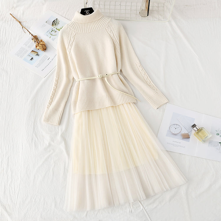 Robe pull col montant en maille jupe costume deux pièces 3960