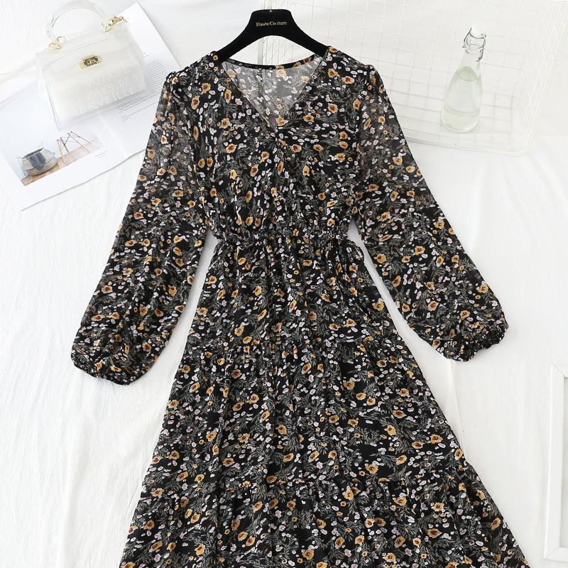 V-neck lace up waist Floral Dress  4062