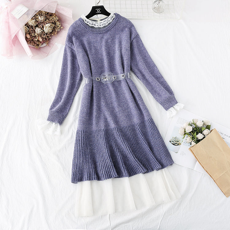 Robe en laine tricotée jusqu'au genou avec jupe intérieure en maille 3999