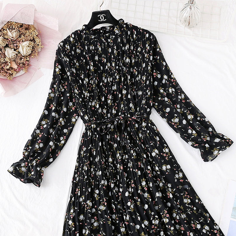 Robe en mousseline de soie à pois rétro français pour femme 3986