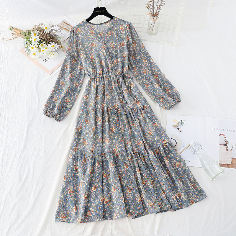 V-neck lace up waist Floral Dress  4062