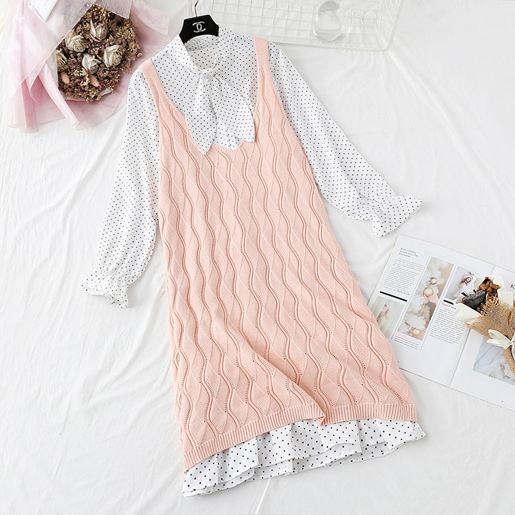 College storm point skirt + knitted vest two-piece suit female  3854