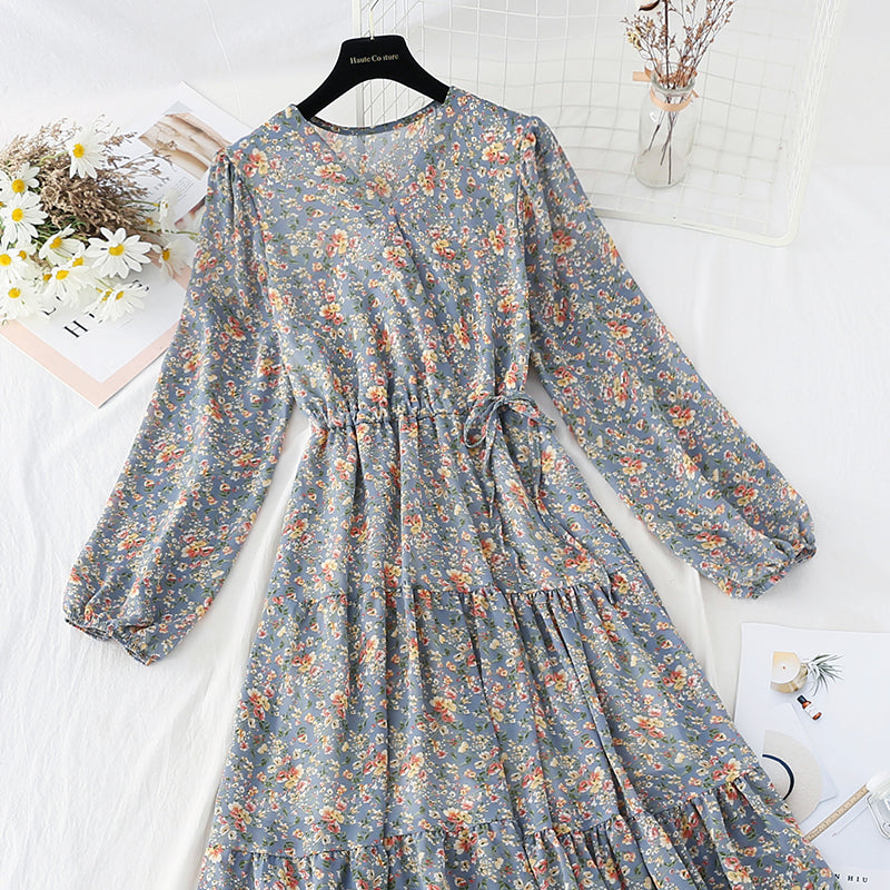 V-neck lace up waist Floral Dress  4062