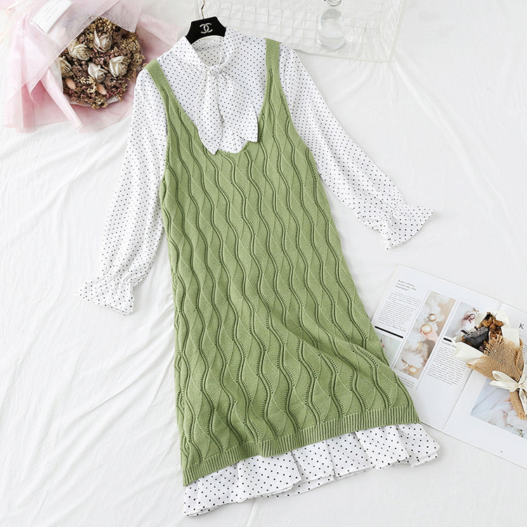 College storm point skirt + knitted vest two-piece suit female  3854