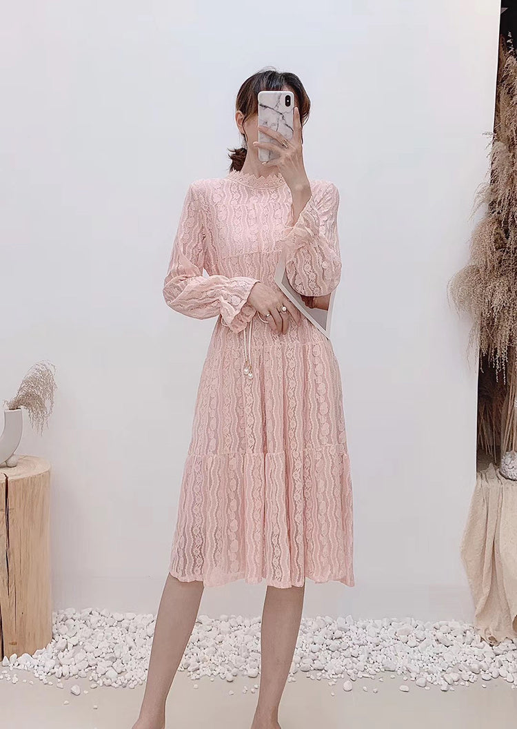 Robe de fée fine à manches longues et col rond en dentelle ajourée taille haute 3872