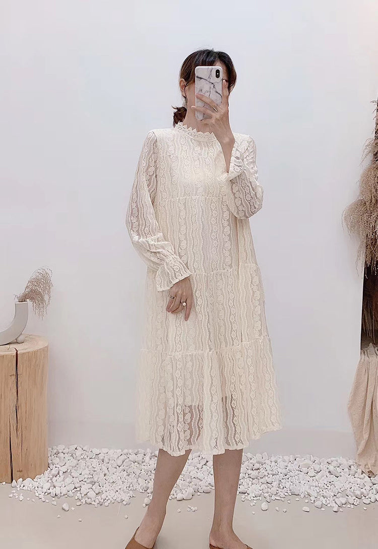 Robe de fée fine à manches longues et col rond en dentelle ajourée taille haute 3872