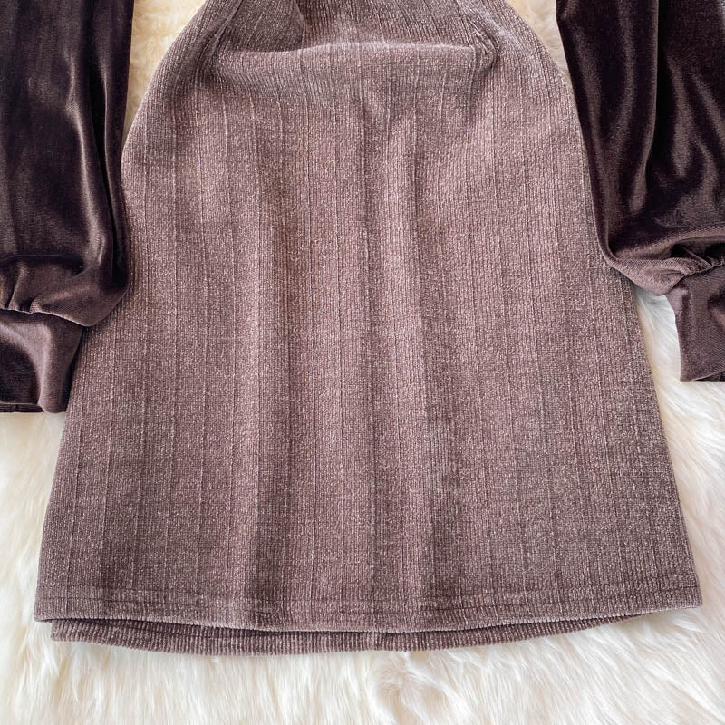 Robe vintage française à manches longues et col ras du cou avec coutures en velours 3722