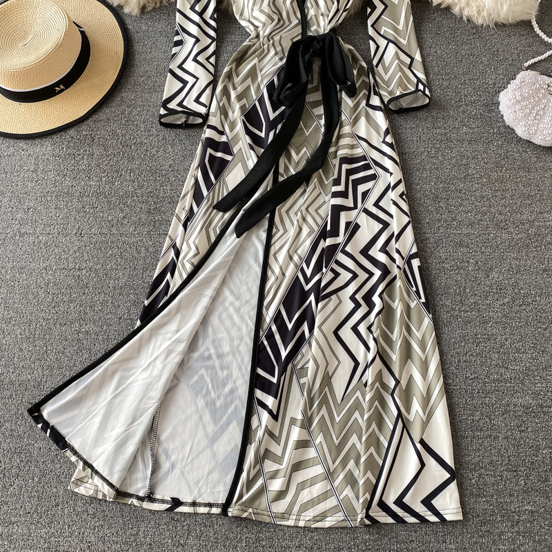 One piece split lace up wrap skirt with slim waist geometric print skirt  3783