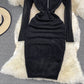 Robe sexy à manches longues et col en V avec fermeture éclair et fente sur les hanches de style Hong Kong 3788