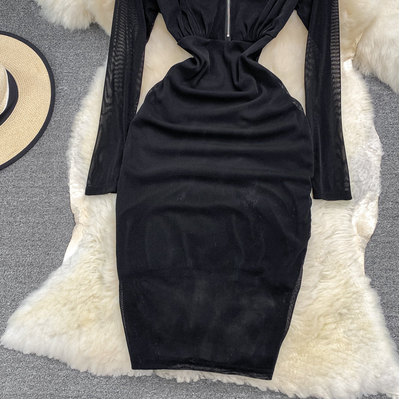 Robe sexy à manches longues et col en V avec fermeture éclair et fente sur les hanches de style Hong Kong 3788