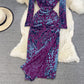 Robe à col en V à imprimé bronzé, mince et mince, tempérament fendu 3767