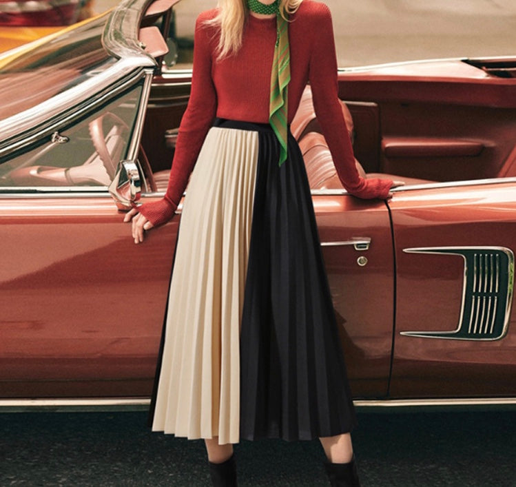 Jupe printemps/été, nouveau style, taille haute, couleurs contrastées, patchwork, longue jupe trapèze, jupe plissée 3668