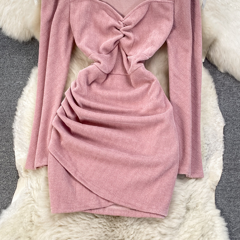 Robe portefeuille slim en velours côtelé plissé irrégulier 3766