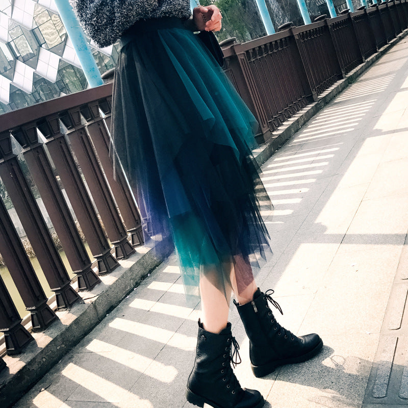 New multi-layer multicolor, irregular mesh splicing skirt, midi tulle skirt  3687