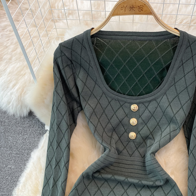 Robe sexy à manches longues, col carré, tricotée, sac, bas de hanche, 3781