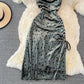 Robe longue sexy en velours à col pivotant et à bretelles avec cordon de serrage 3757