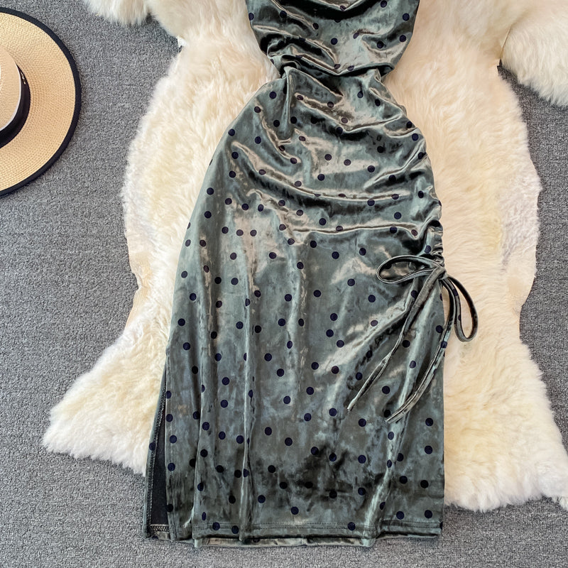 Robe longue sexy en velours à col pivotant et à bretelles avec cordon de serrage 3757