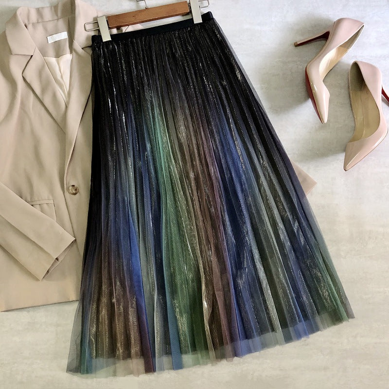 Jupe en soie brillante, jupe en gaze à dégradé arc-en-ciel, nouveau style printemps et été 3707