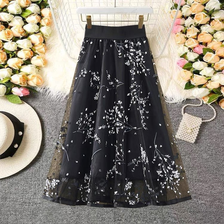 Mesh skirt, high-waisted print bouffant skirt with zipper, A-line skirt midi tulle skirt  3602