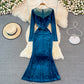 Robe queue de poisson en velours à manches longues et coupe slim 3753
