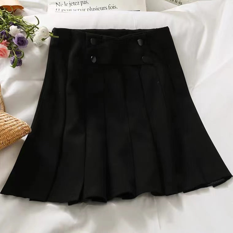 Temperament breasted high waist skirt, simple pure color A line pleated skirt  3616