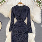 Robe à col en V à imprimé bronzé, mince et mince, tempérament fendu 3767