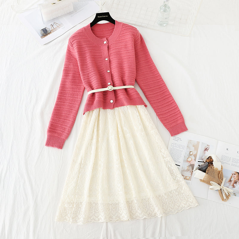 Sweater with lace skirt age reduction suit fashion two-piece suit  3735