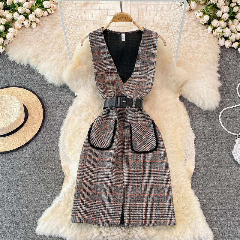 Woolen vest dress two piece stand collar knit bottoming shirt  3771