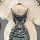 Robe longue sexy en velours à col pivotant et à bretelles avec cordon de serrage 3757