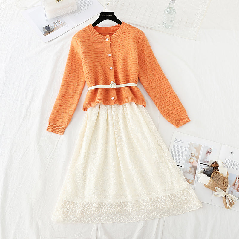 Sweater with lace skirt age reduction suit fashion two-piece suit  3735