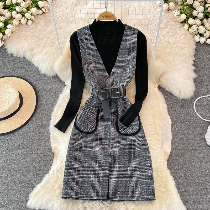 Woolen vest dress two piece stand collar knit bottoming shirt  3771