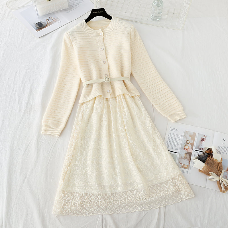 Sweater with lace skirt age reduction suit fashion two-piece suit  3735