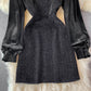 Robe vintage française à manches longues et col ras du cou avec coutures en velours 3722