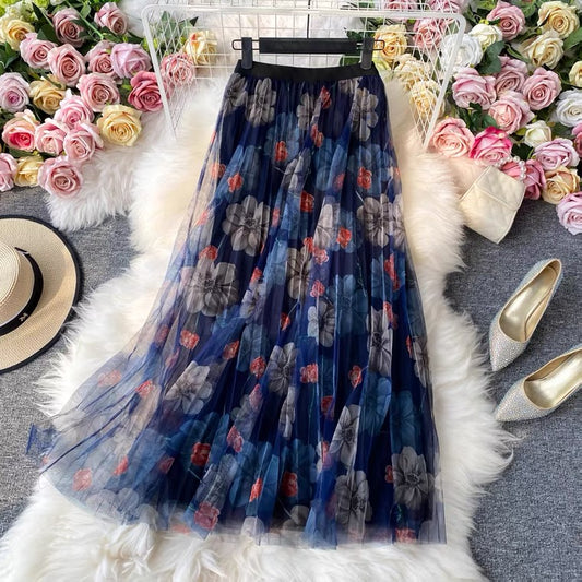 Fashion print skirt, elastic waist gauze skirt, new style, high waist pleated skirt, A-line skirt mid-length skirt  3523