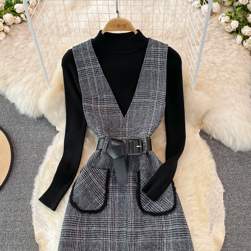 Woolen vest dress two piece stand collar knit bottoming shirt  3771