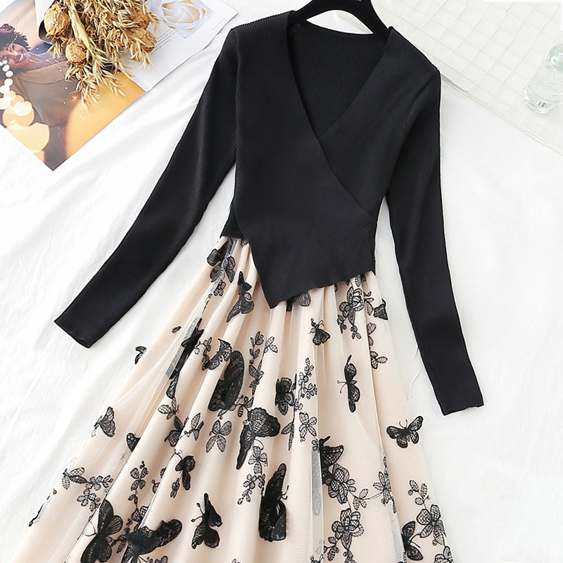 Irregular knit stitching fake two-piece mesh Butterfly Embroidery skirt female  3933