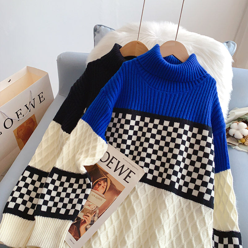 Checkerboard turtleneck sweater dress  5210