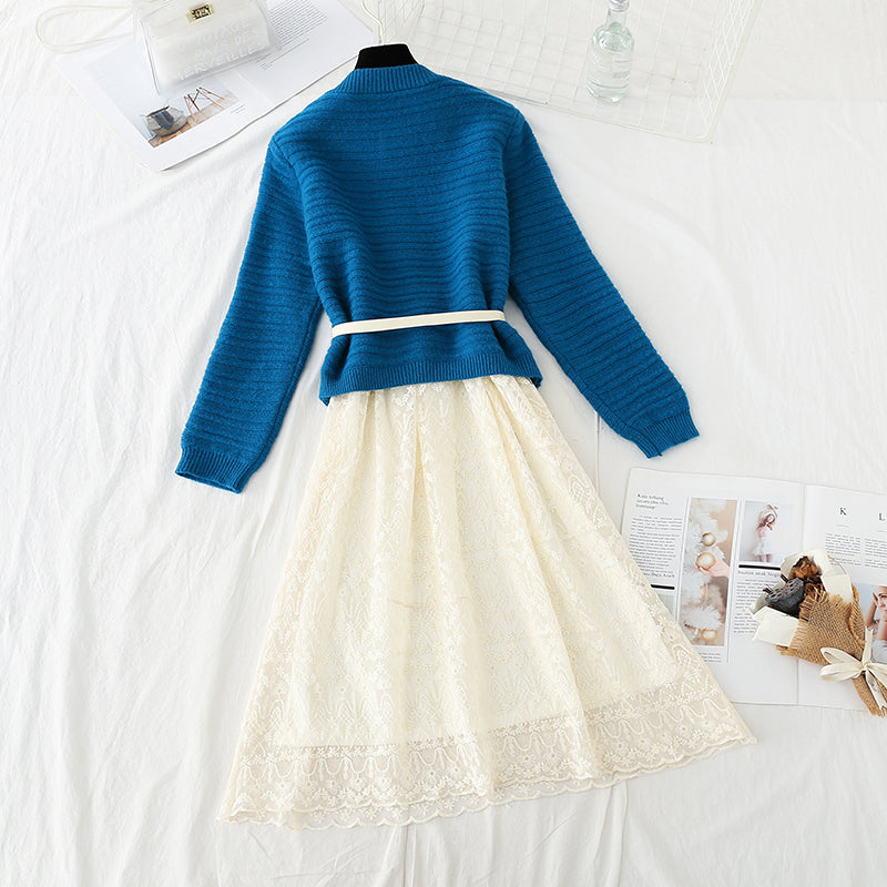 Sweater with lace skirt age reduction suit fashion two-piece suit  3735