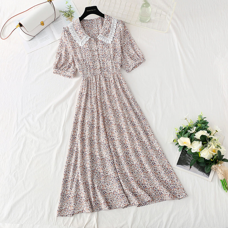 Sweet lace doll neck floral dress gentle wind dress  4856