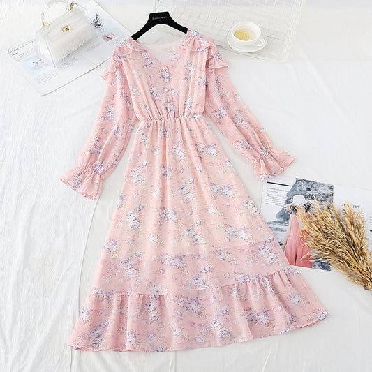 French retro knee Chiffon Long Sleeve Dress  3833