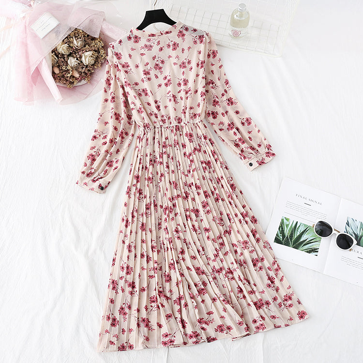 Robe en mousseline de soie jupe plissée à fleurs rétro française super fée 4488