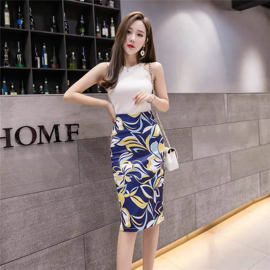 Blue printed dress with yellow, high waist, slim stretch skirt, split back skirt  3542