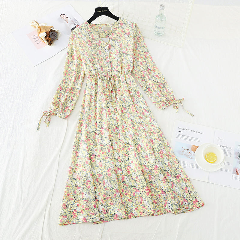 Waist lace up thin Chiffon gentle wind Floral Dress  3885