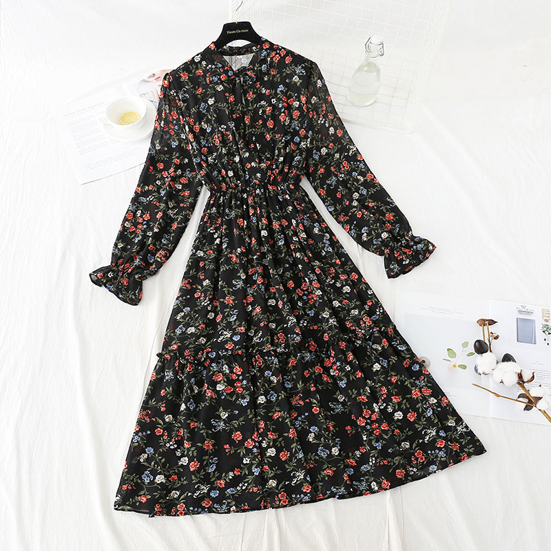 Bow Elastic Waist floral dress Ruffle  4815