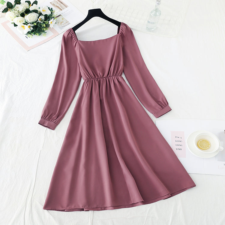 New solid color sweet square neck covering meat, thin and gentle skirt  4735