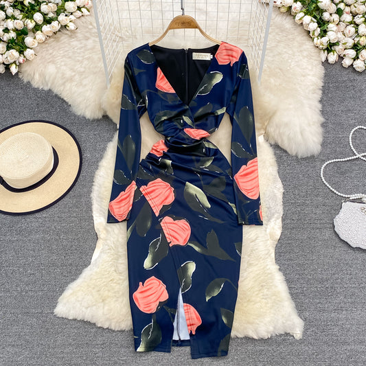 Sexy waist closing V-neck open hip wrap dress long sleeve  3787