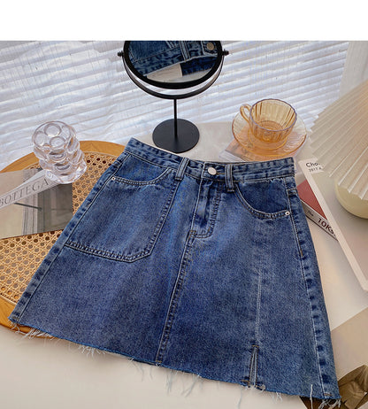 Denim skirt solid split high waist A-line skirt  5358