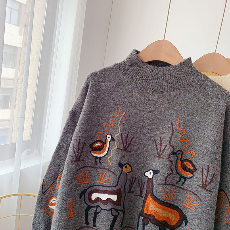 Heavy industry embroidery sweater retro Hong Kong Style half high collar  5160