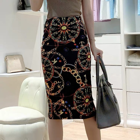 Personalized printed high-waist skirt, vintage stretch slit bodyocn skirt  3538